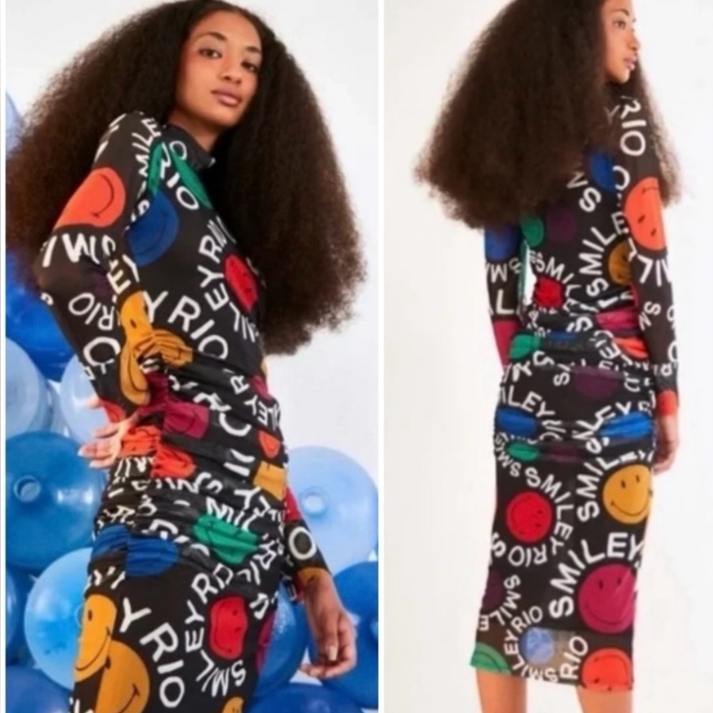 FARM Rio Colorful Smiley Rio Tulle Long Sleeve Dress Sz XL NWT